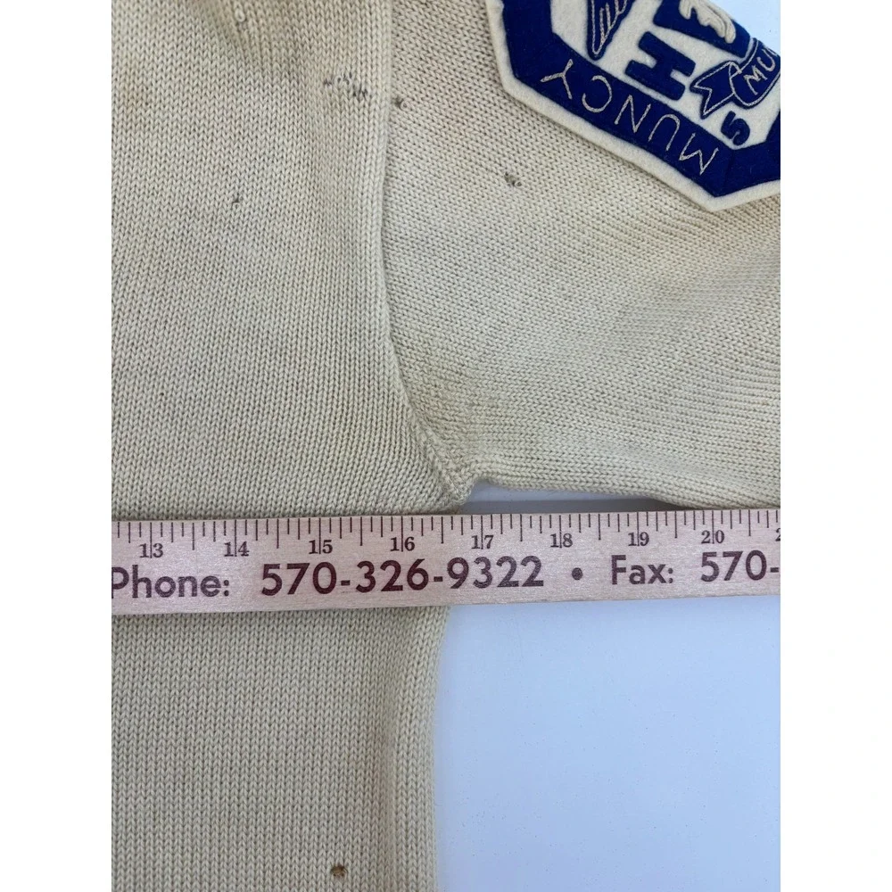 Varsity Natch Cardigan Sweater Mens Beige Wool Muncy Creek Patch 40 Vintage